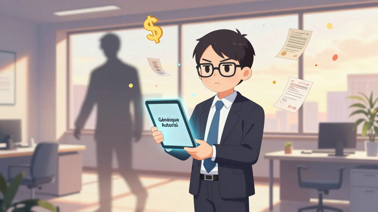 Un dirigeant pharmaceutique tient un générique autorisé tandis qu'un concurrent disparaît en ombre.