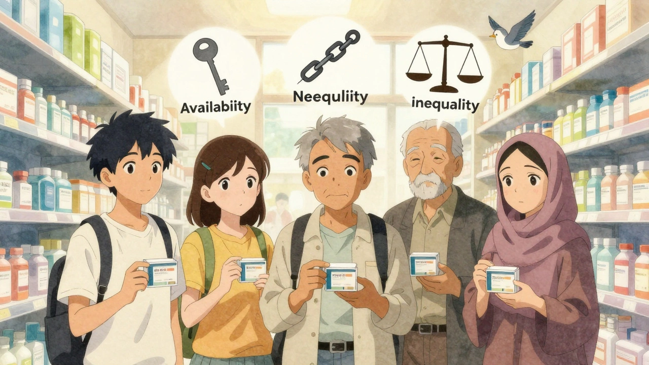 Un groupe diversifié de clients tient des médicaments dans une allée de pharmacie, sous une lumière douce.