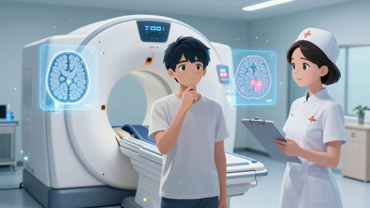 Un jeune adulte devant une IRM avec deux scans cérébraux flottants, représentant la surveillance obligatoire du traitement Leqembi selon la FDA.