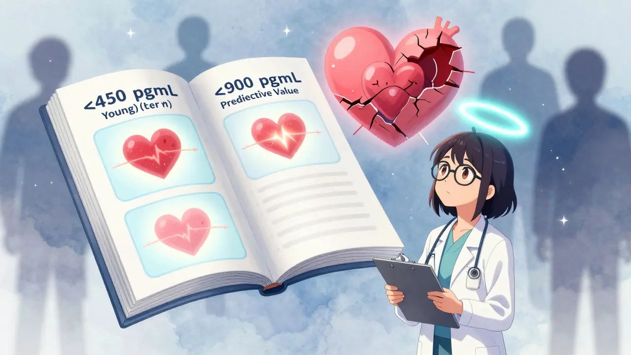Un livre médical flottant affiche les seuils NT-proBNP selon l'âge, avec un cœur brillant et des valeurs en lumière.