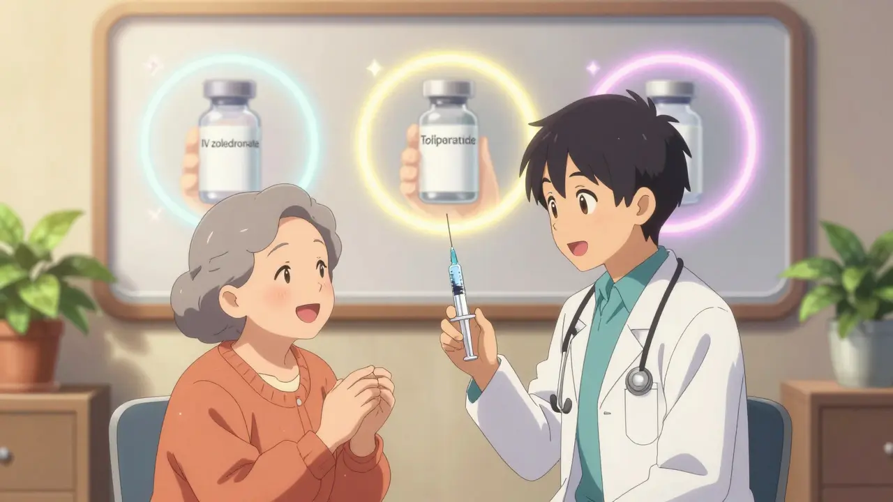 Un médecin présente une alternative injectable à une patiente âgée dans un bureau chaleureux.