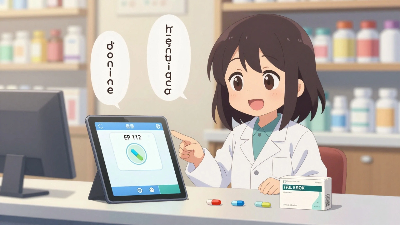 Un pharmacien montre une application de reconnaissance de comprimés sur un écran, avec des pilules variées sur le comptoir.