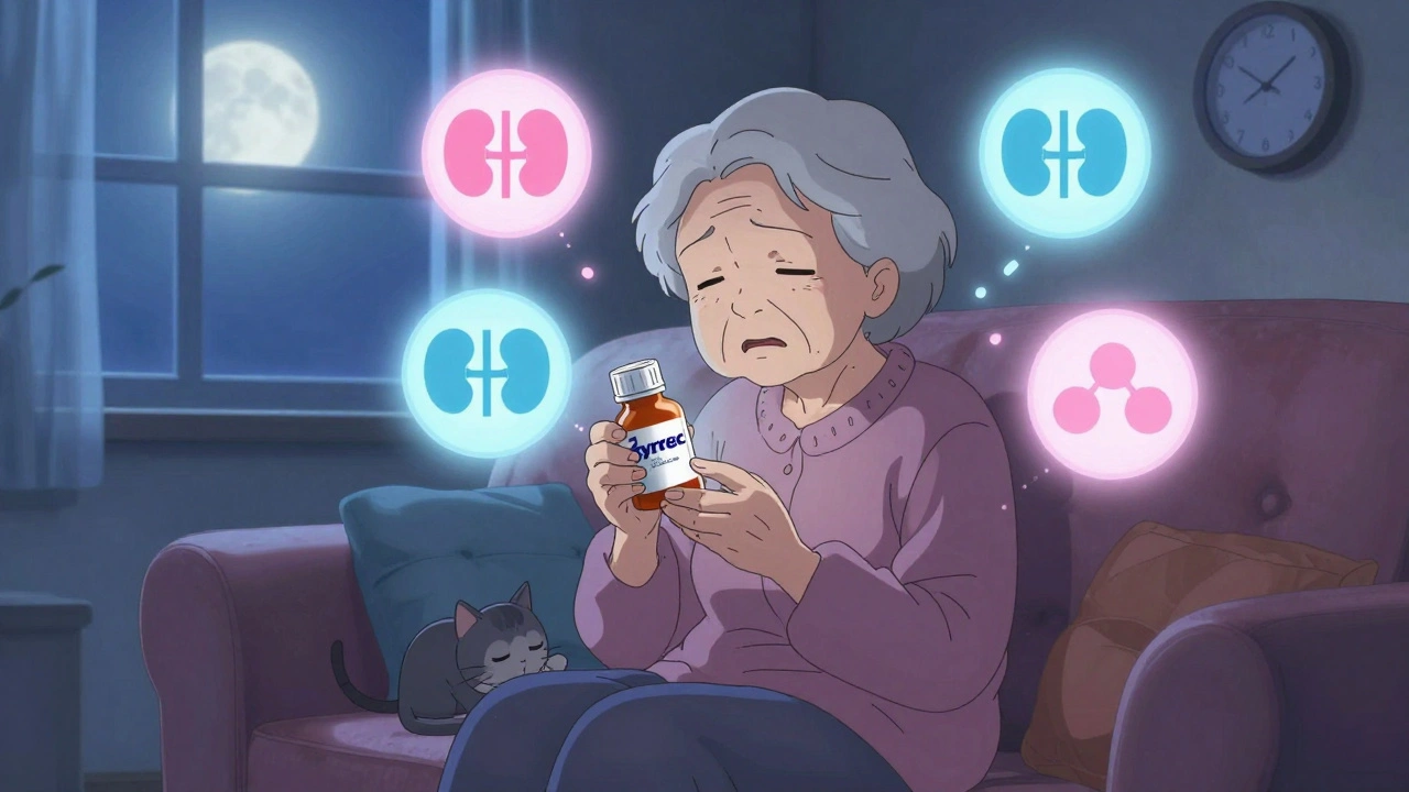 Une femme âgée tenant un flacon de Zyrtec la nuit, entourée de signaux de somnolence, illustrant l&#039;avertissement FDA sur les effets du médicament chez les seniors.