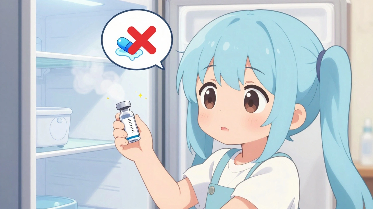 Une fille range une insuline au fond du réfrigérateur, loin de la vapeur de la salle de bain.