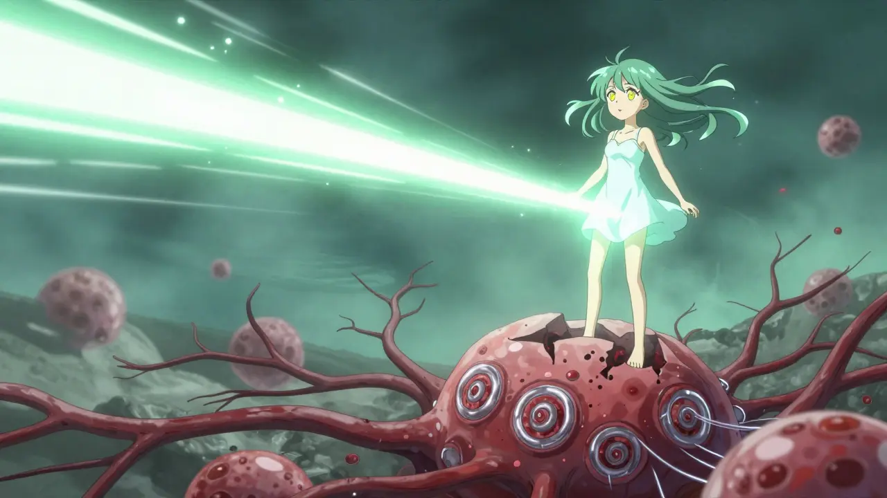 Une fille sur une tumeur fragmentée, tandis que des vaisseaux sanguins s'effondrent en spirales brillantes.