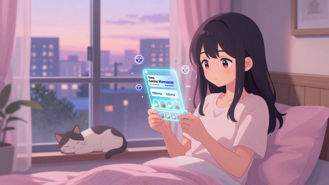 Une fille vérifie ses comprimés dans son organisateur, des étiquettes holographiques affichent les fabricants et ingrédients actifs.