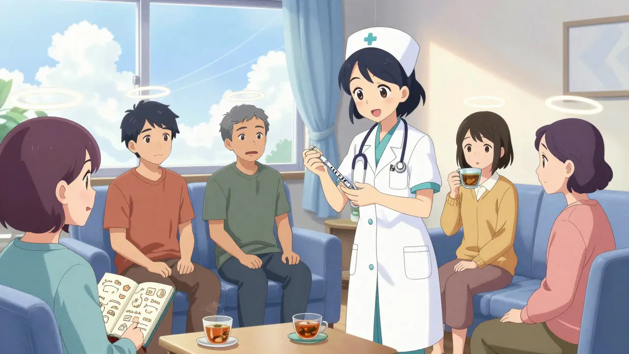 Une infirmière administre une injection hebdomadaire à des patients dans un salon de clinique apaisant, avec des journaux et des thés.