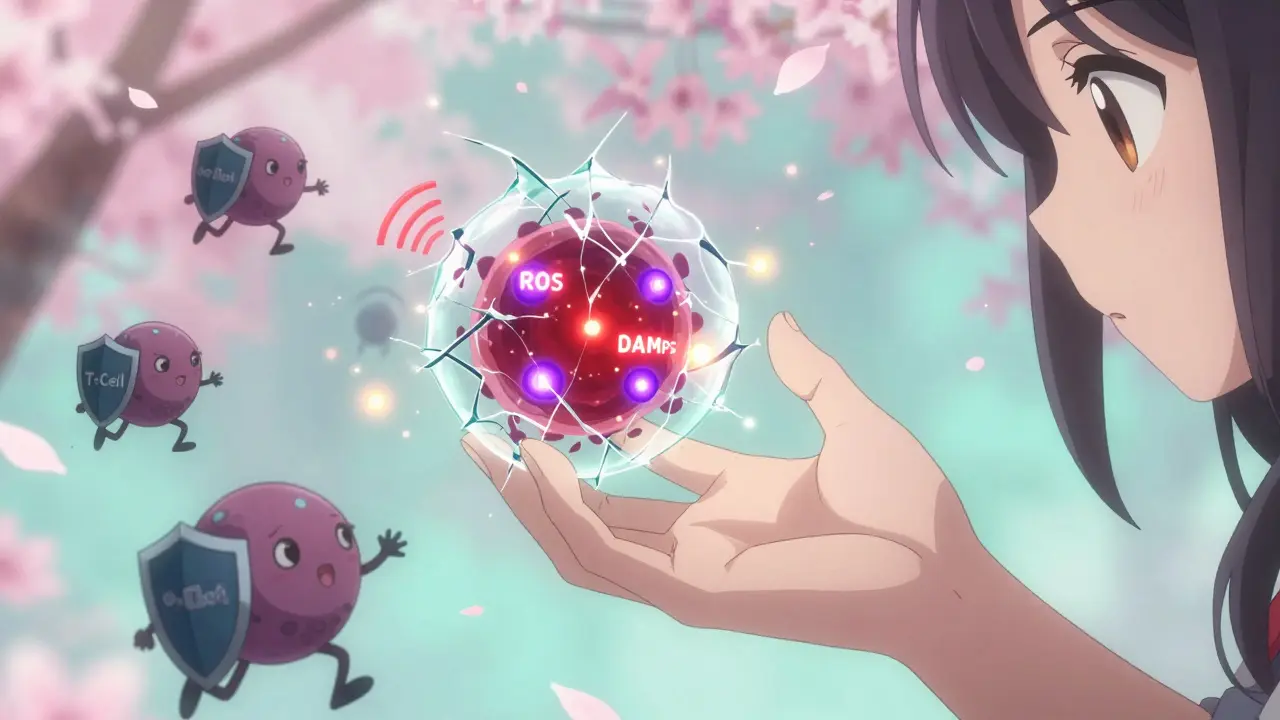 Une main touchant une cellule cancéreuse qui libère des signaux immunitaires sous forme de lucioles.