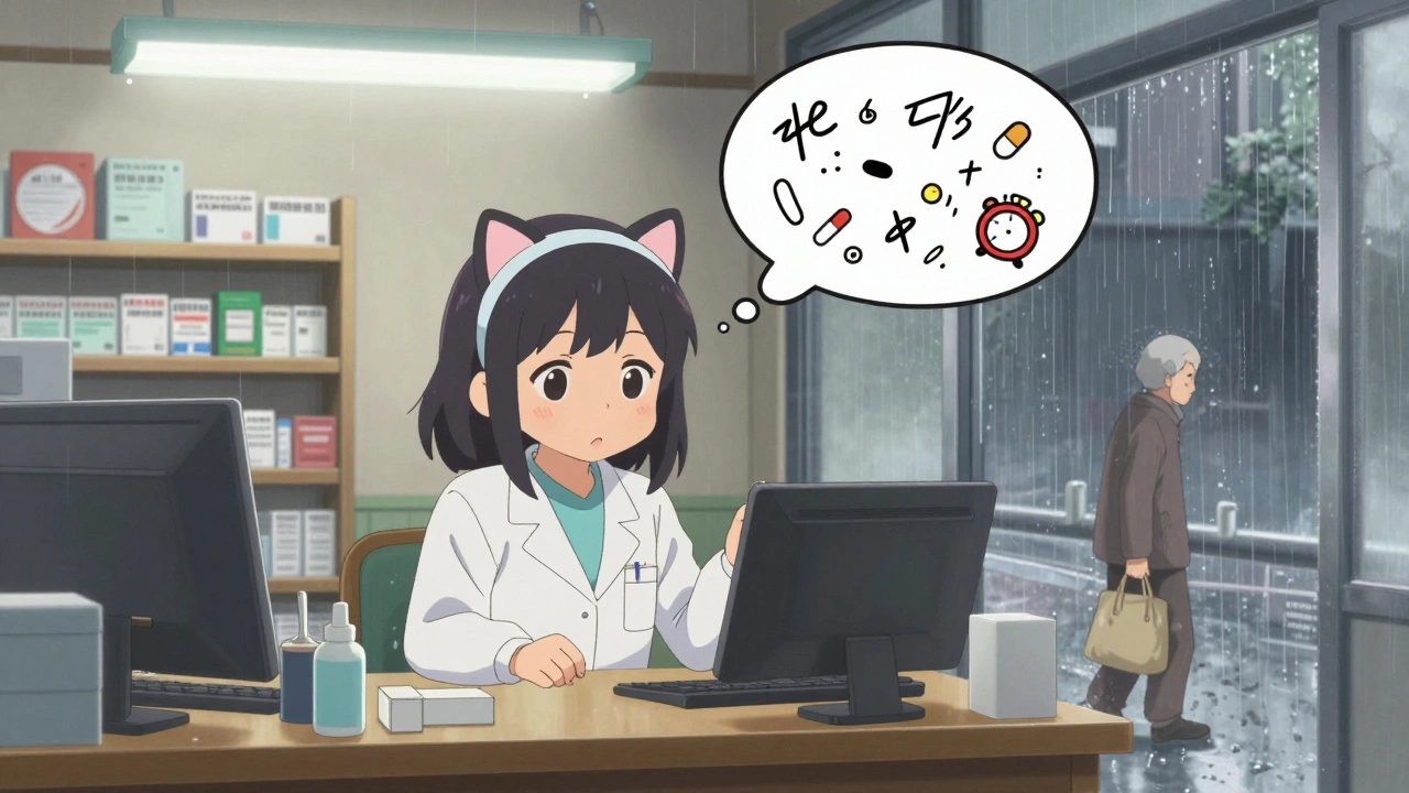 Une pharmacienne distraite prépare des ordonnances dans une pharmacie de quartier, tandis qu&#039;un patient part sans savoir qu&#039;une erreur a été faite.