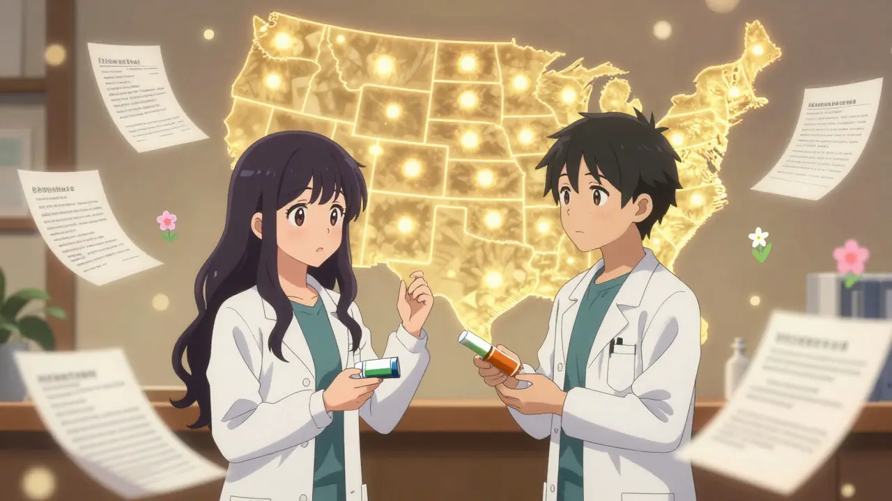 Une pharmacienne prescrit des contraceptifs, entourée de documents légaux transformés en fleurs et une carte des États éclairés.