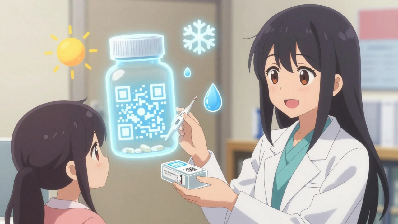 Une pharmacienne remet une boîte de médicaments intelligente avec thermomètre intégré.