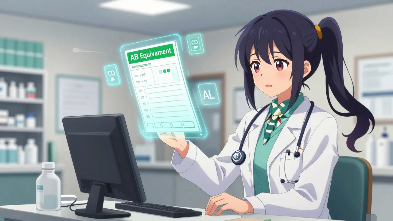 Une pharmacienne vérifie un protocole de substitution thérapeutique avec des icônes légales flottantes en arrière-plan.