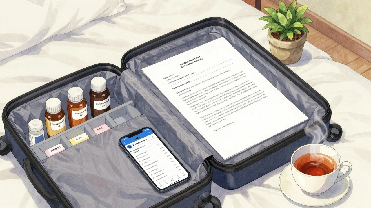 Valise ouverte avec médicaments, ordonnances et traductions, dans une chambre d&#039;hôtel.