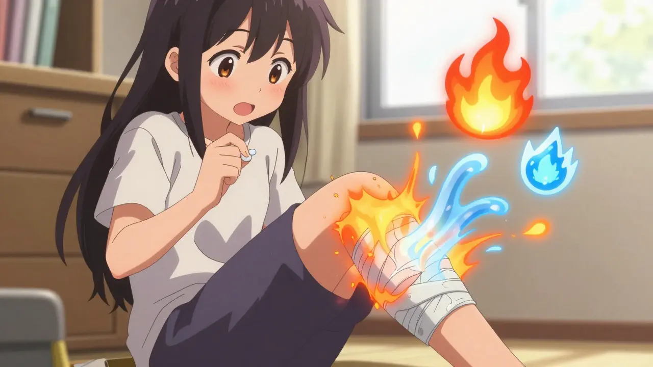 Adolescente appliquant une compresse froide sur un genou enflé avec un comprimé d'ibuprofène.