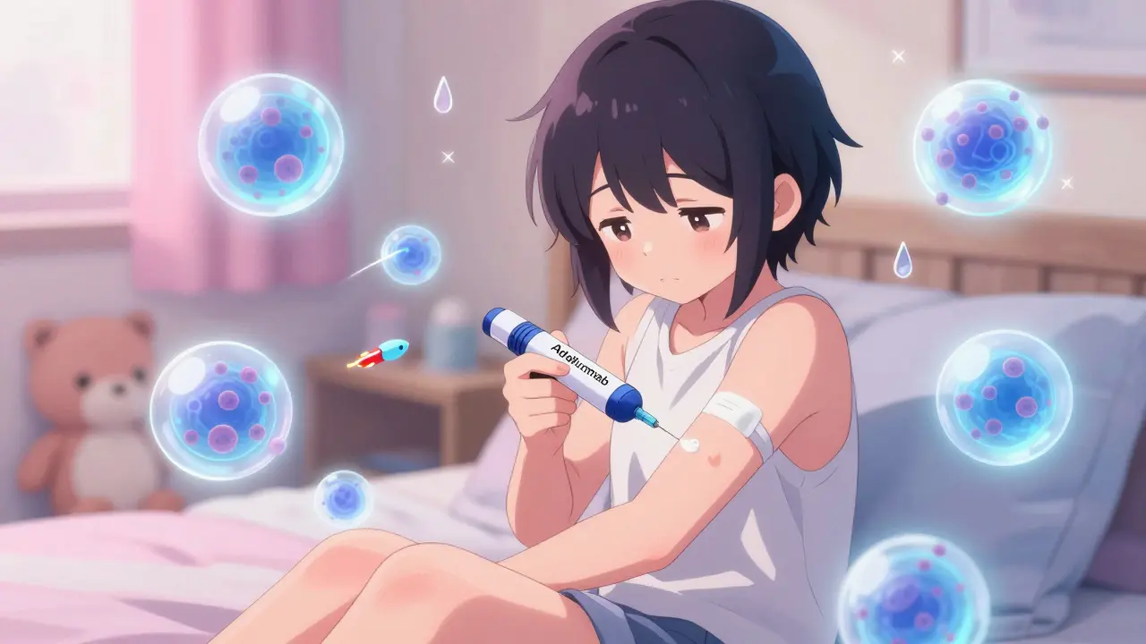 Adolescente s'injectant un médicament biologique avec calme et détermination dans sa chambre.