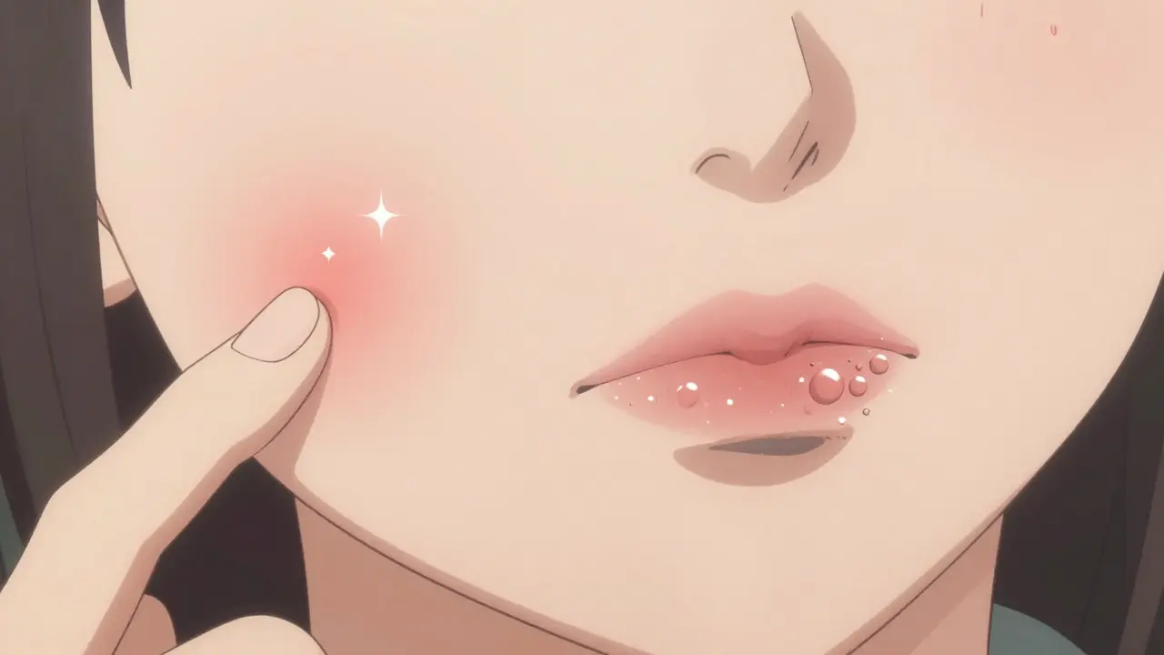 Comparaison visuelle d'un bouton sur le menton et d'un herpes sur la lèvre, dans un style anime.