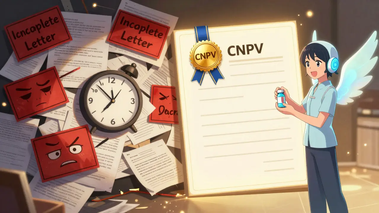 Contraste entre un dossier chaotique et un dossier approuvé rapidement avec un badge CNPV.