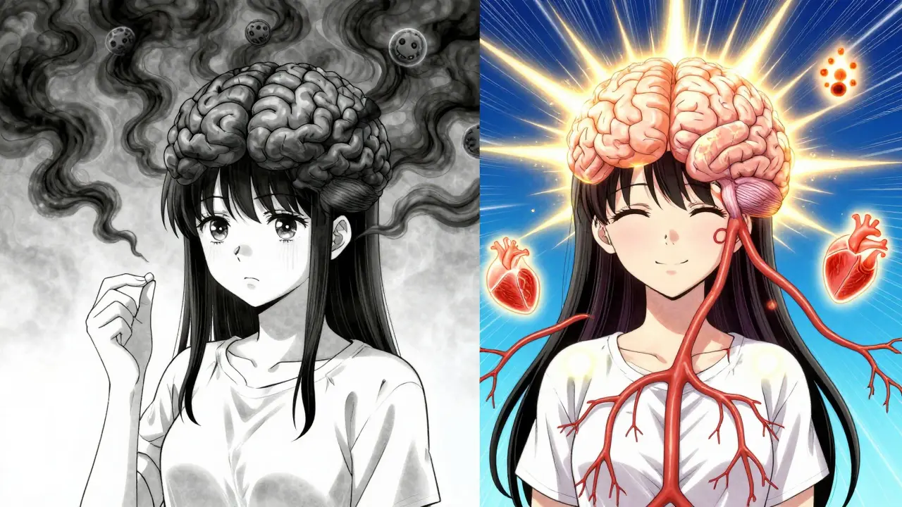 Contraste entre une mémoire confuse et un cerveau sain, représenté en style anime moe.