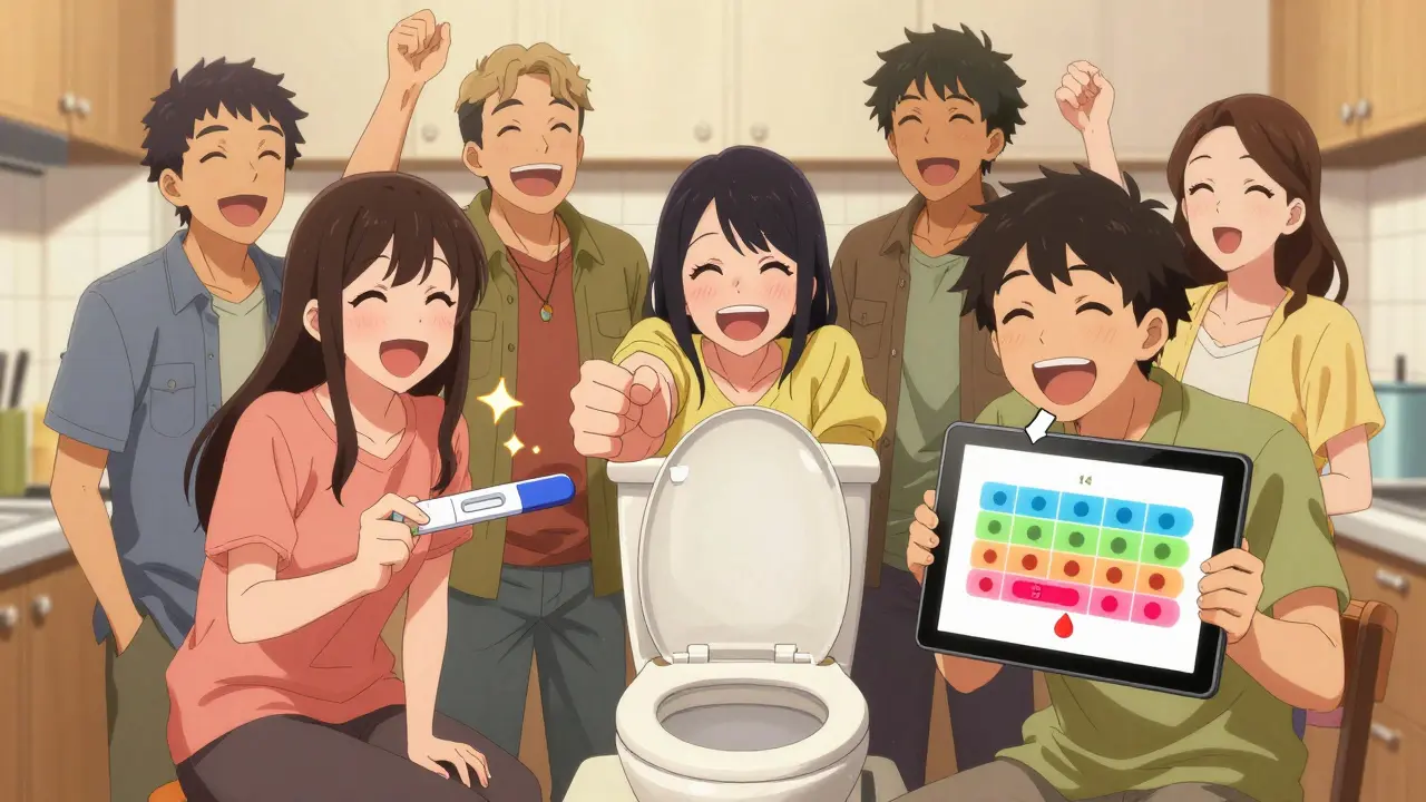 Des amis dans une cuisine, souriant près d'un test de selles, avec un schéma coloré du côlon en arrière-plan.