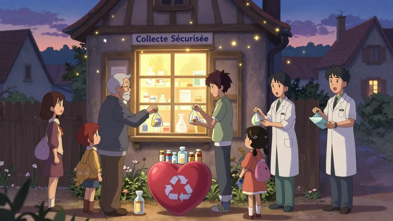 Des habitants d'un village français déposent leurs médicaments dans un point de collecte sécurisé.