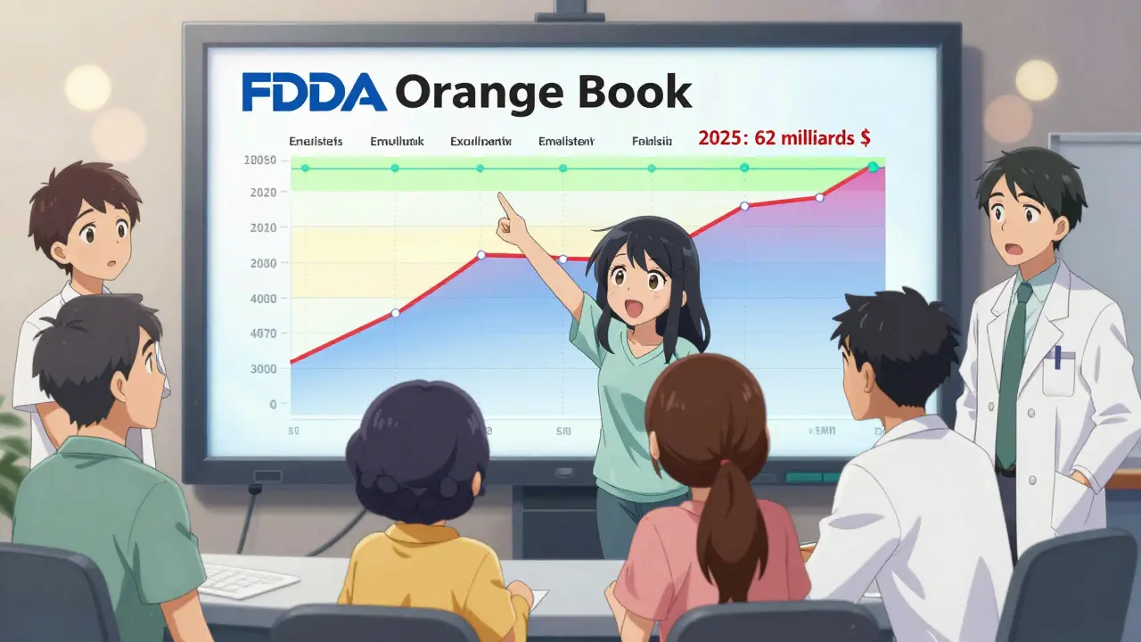 Des patients et professionnels de santé analysent les dates d'expiration des brevets sur un écran transparent.