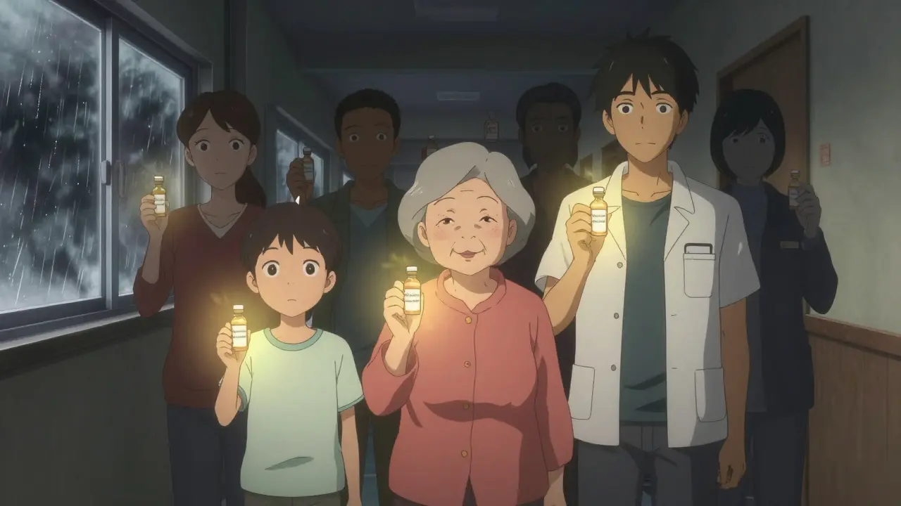 Des patients tenant des flacons de médicaments essentiels sous une lumière douce, face à une tempête.