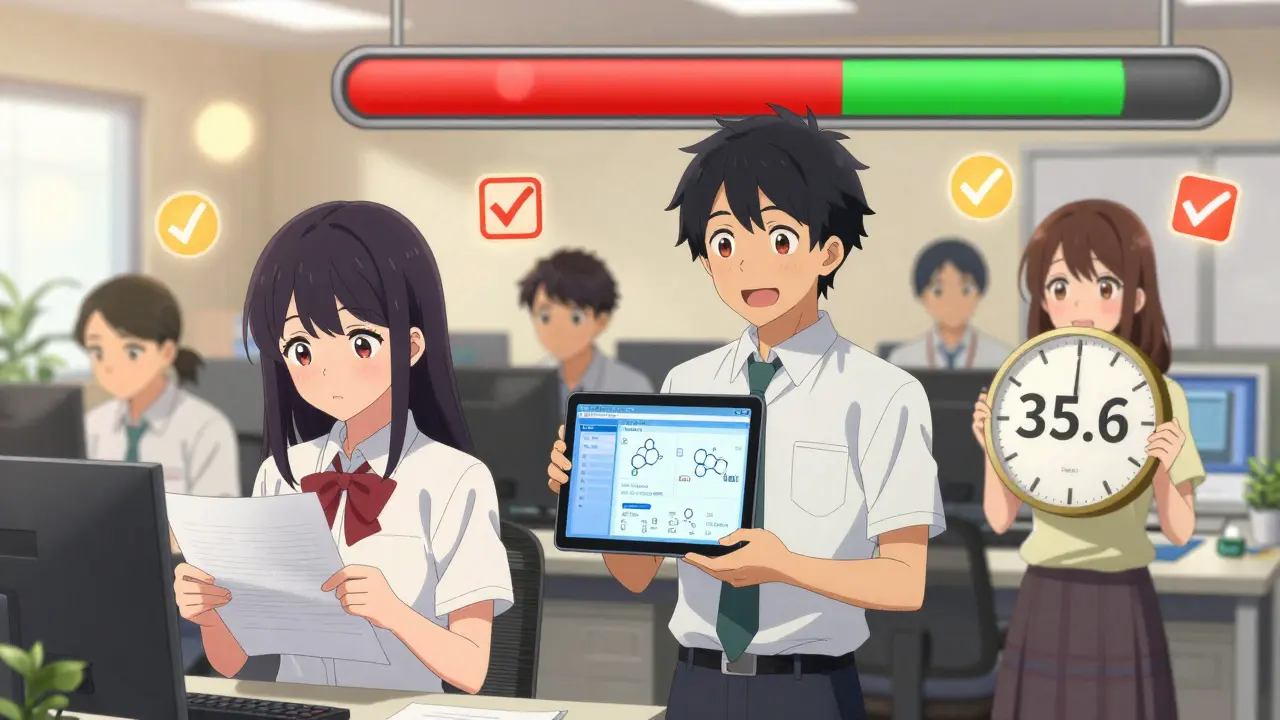 Des personnages anime travaillent dans un bureau de la FDA avec un horloge affichant 35,6 jours.