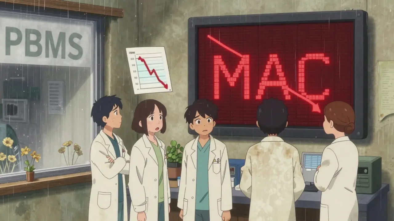 Des pharmaciens inquiets regardent un écran affichant une baisse des prix de remboursement, une pharmacie fermée en arrière-plan.