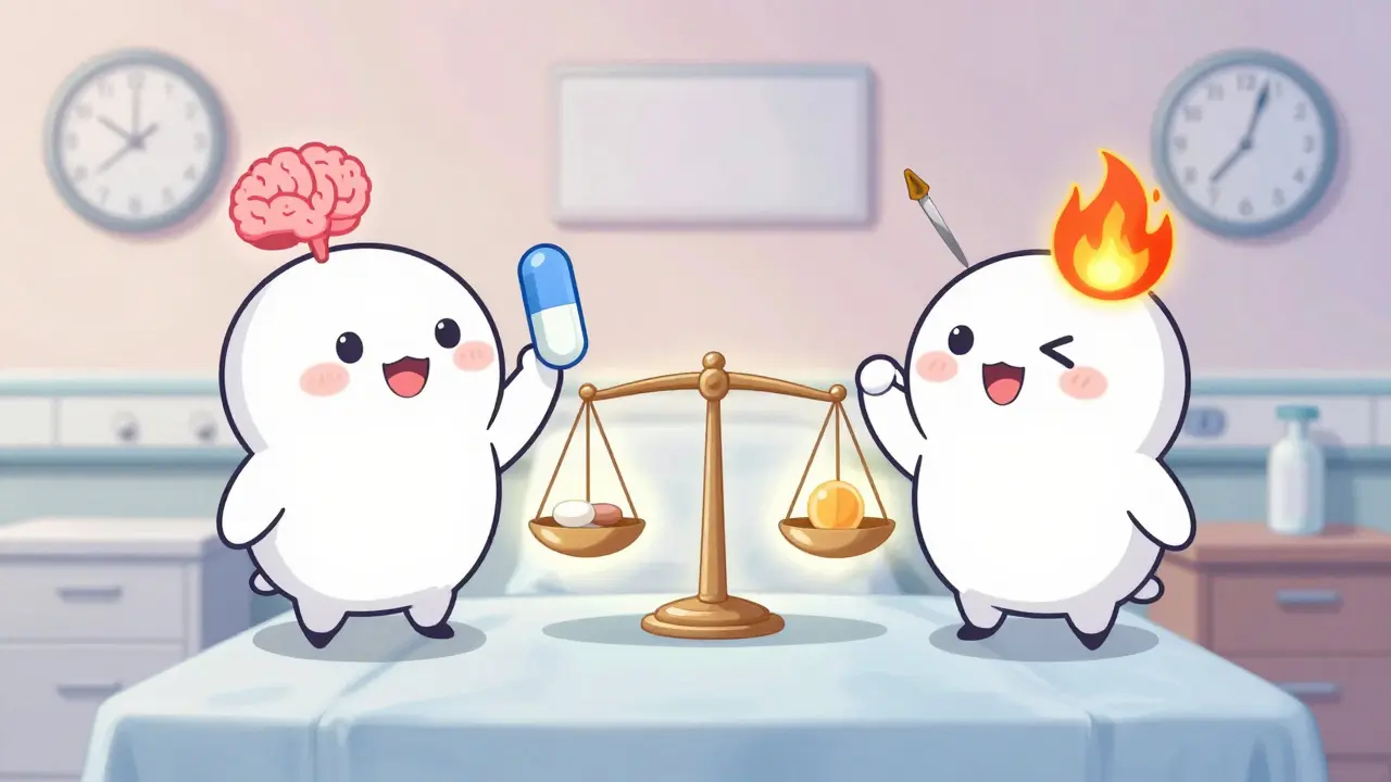 Deux personnages animés représentant paracétamol et ibuprofène sur une balance médicale.