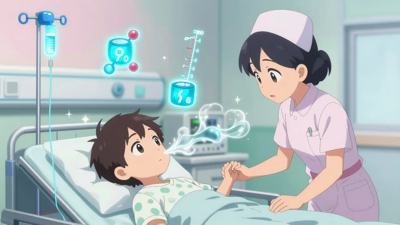 Enfant à l'hôpital recevant une perfusion avec des symboles d'insuline et de potassium flottants.