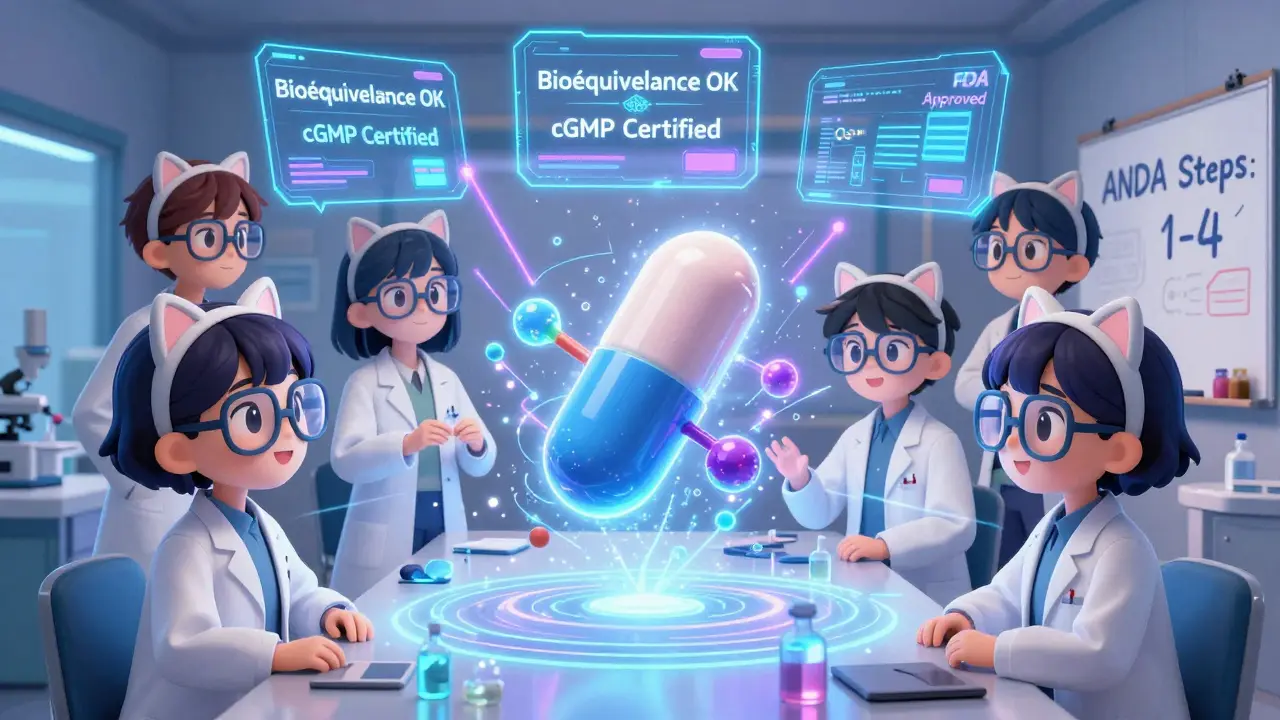 Équipes de scientifiques analysant un modèle moléculaire de médicament en 3D.