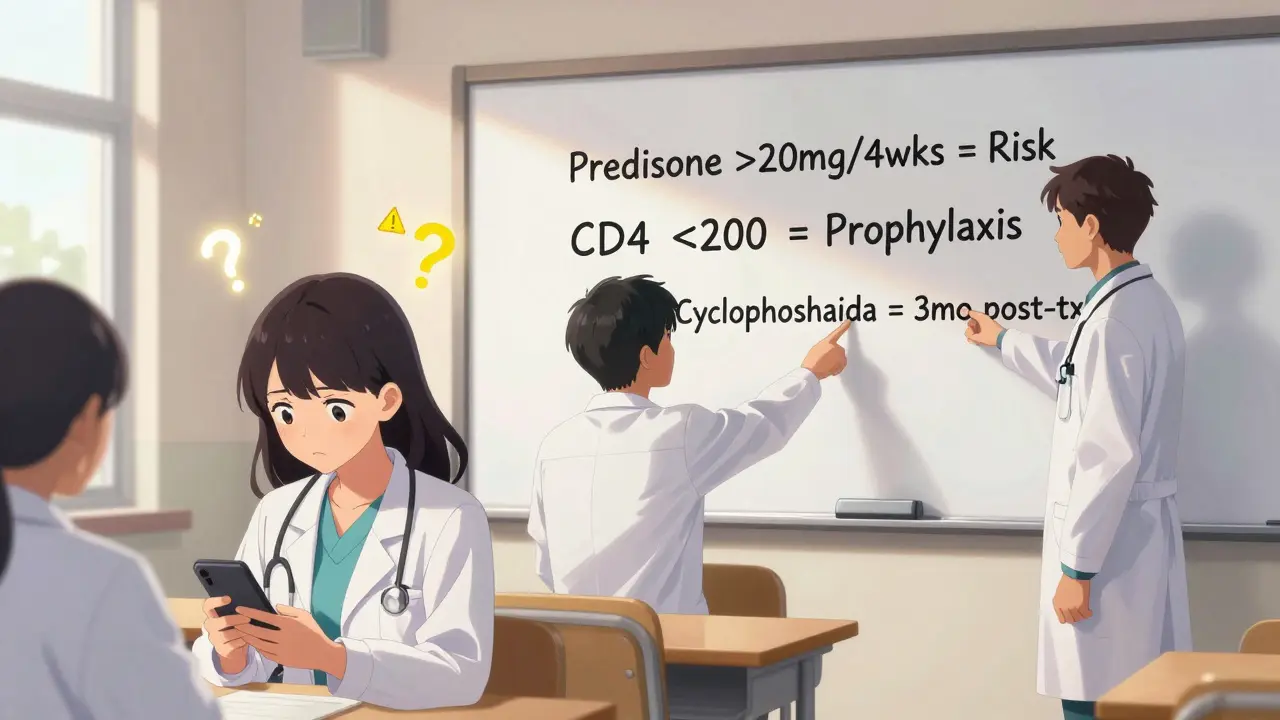 Étudiantes en médecine étudiant un tableau blanc avec des seuils de prophylaxie contre la PCP.