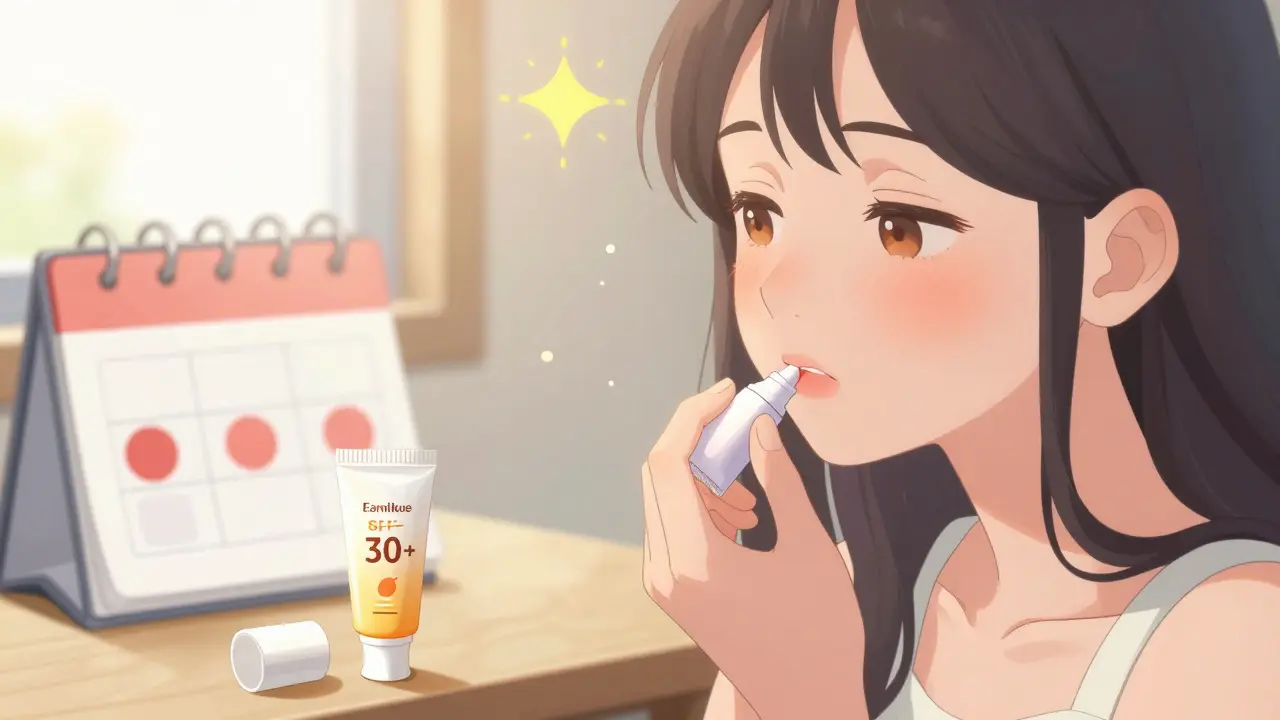 Femme appliquant une crème antivirale sur la lèvre, avec un baume SPF visible sur la table.