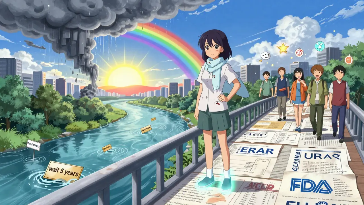 Fille confiante sur un pont de directives médicales, les anciennes règles se dissipent en arc-en-ciel sous un soleil levant.