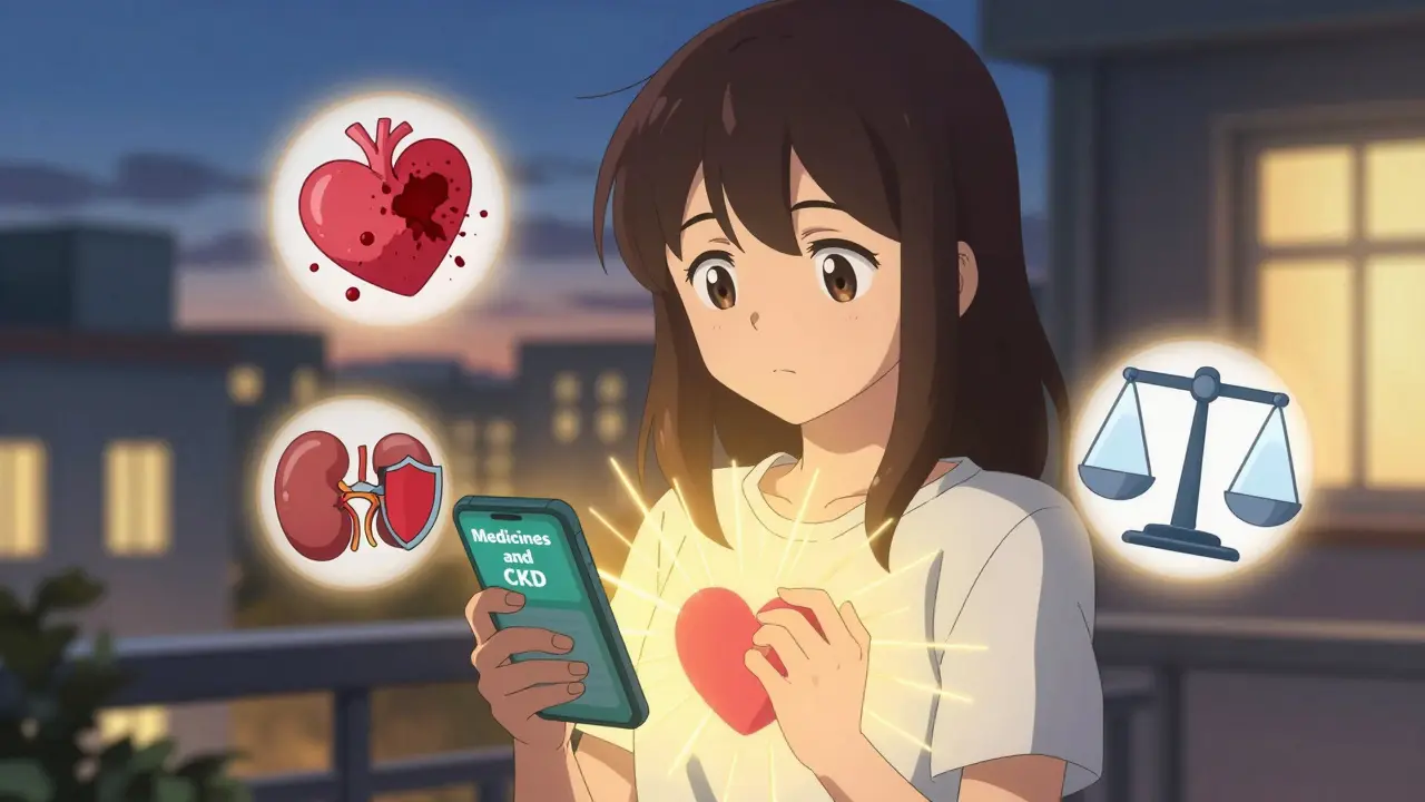 Fille utilisant une application pour suivre ses médicaments rénaux, entourée d'icônes symboliques.