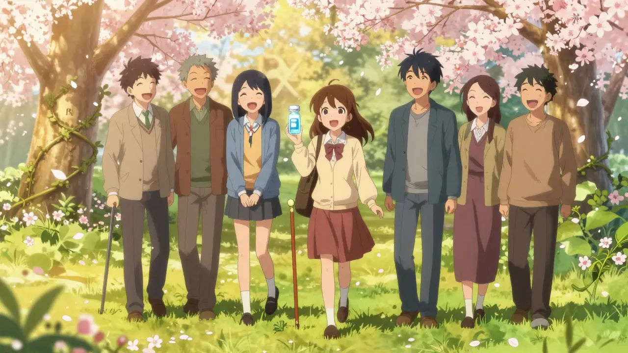 Groupe d'amis riant dans un parc, l'un marche sans douleur sous des pétales de cerisier.