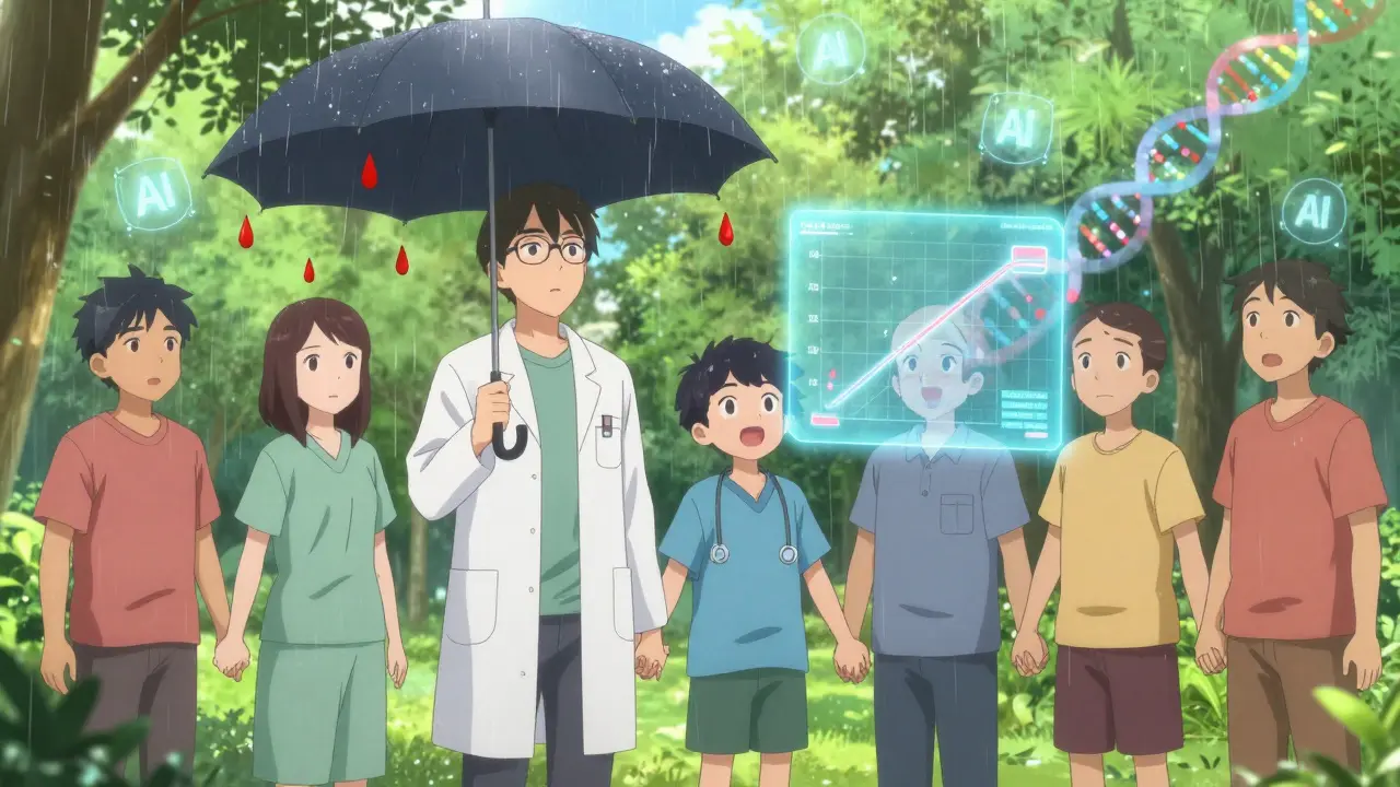 Groupe de patients dans un parc, tenant la main, protégés d'une pluie rouge par un parapluie, avec un graphique holographique flottant au-dessus d'eux.