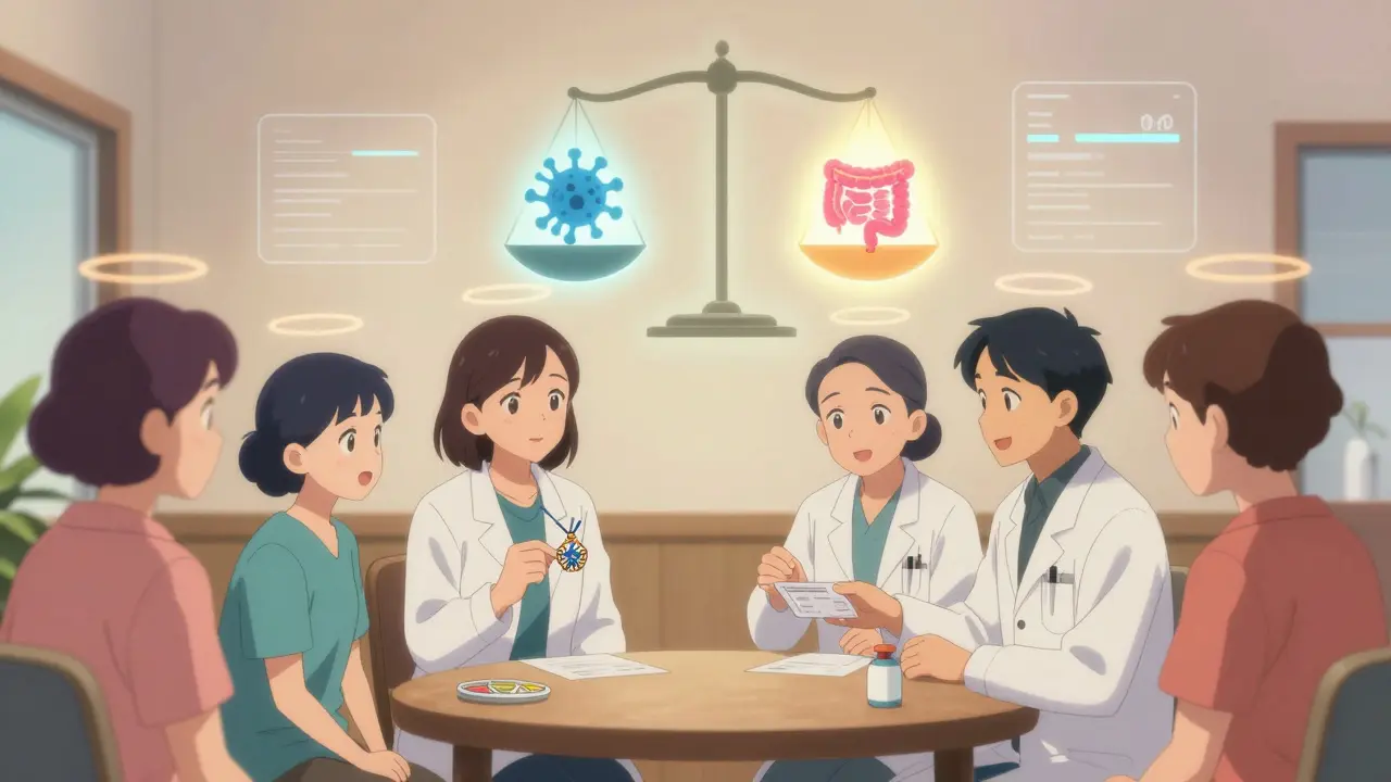 Groupe de patients et médecins dans une salle de consultation, une balance montre le faible risque de récidive du cancer.