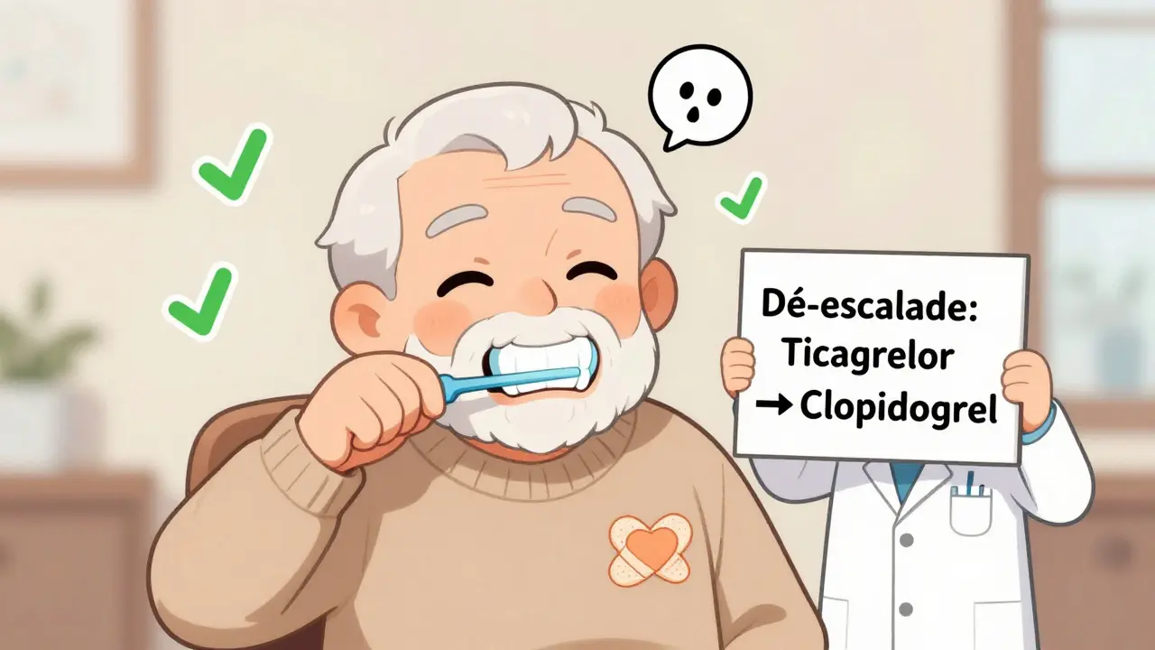 Homme âgé souriant en se brossant les dents, avec un nez qui saigne en forme de nuage doux et un médecin qui lui montre un changement de traitement.