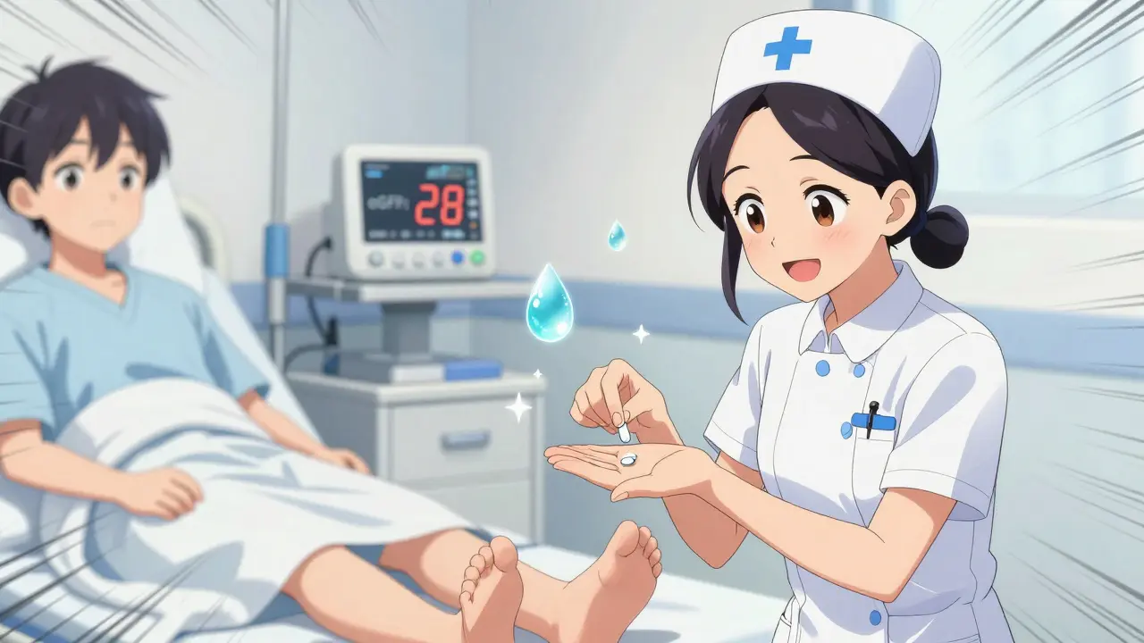 Infirmière remettant un diurétique à un patient aux chevilles enflées dans une chambre d'hôpital.