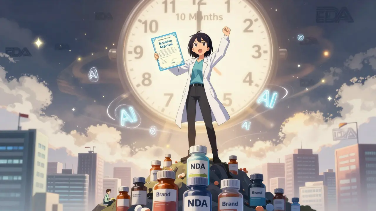 Ingénieure triomphante sur un monticule de comprimés, tenant un certificat ANDA.