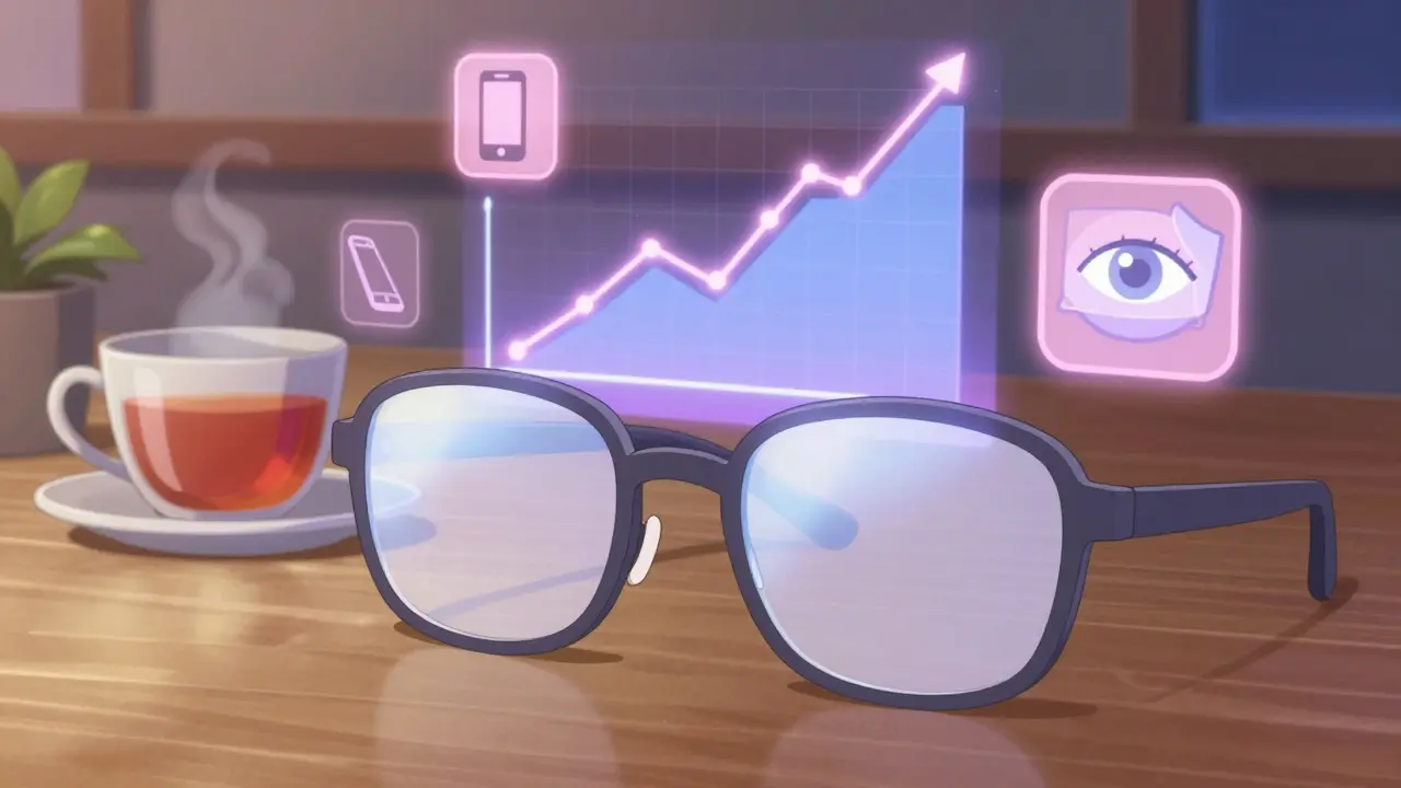 Lunettes anti-lumière bleue posées sur une table avec une tasse de thé et un graphique de mélatonine.