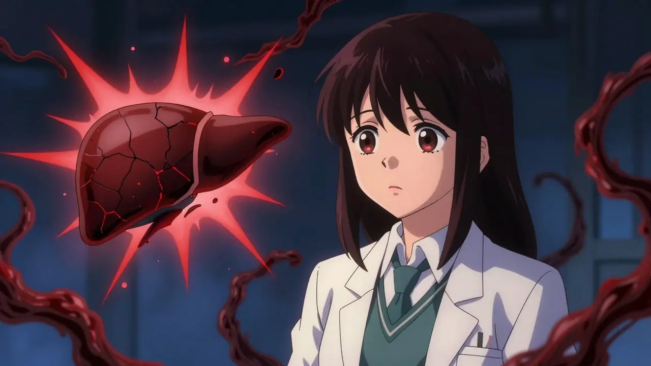 Même femme avec un foie fissuré et inflammé, entouré de flammes rouges et de fibres sombres.