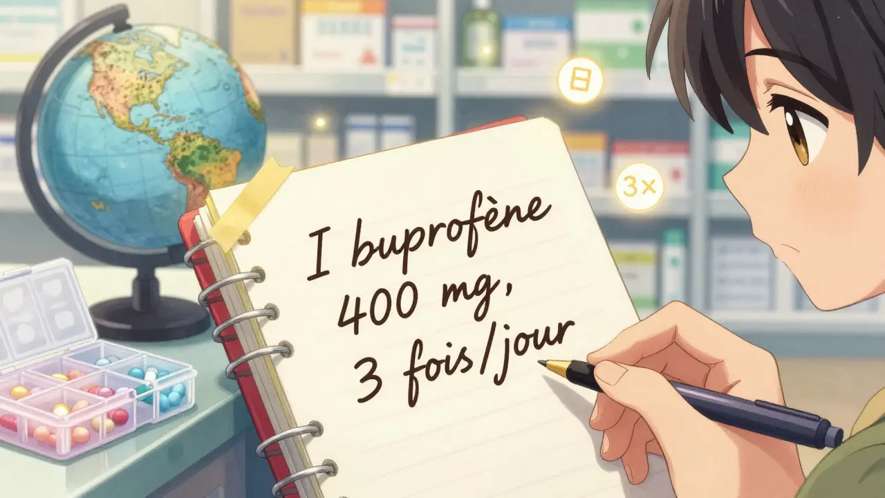 Note manuscrite en français avec dose en mg et fréquence, posée sur un carnet de voyage avec des symboles flottants.