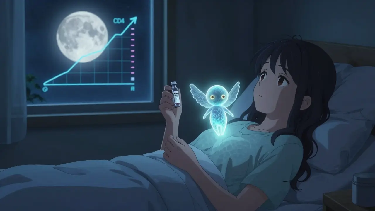 Patient endormie avec un médicament de prophylaxie, une spore angélique la protégeant doucement.