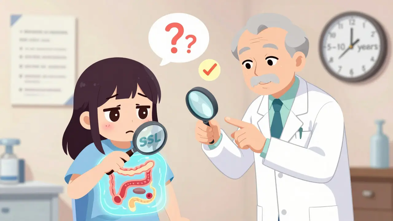 Patient regardant une lésion serrée avec une loupe, médecin pointant un horaire de surveillance de 5 à 10 ans.