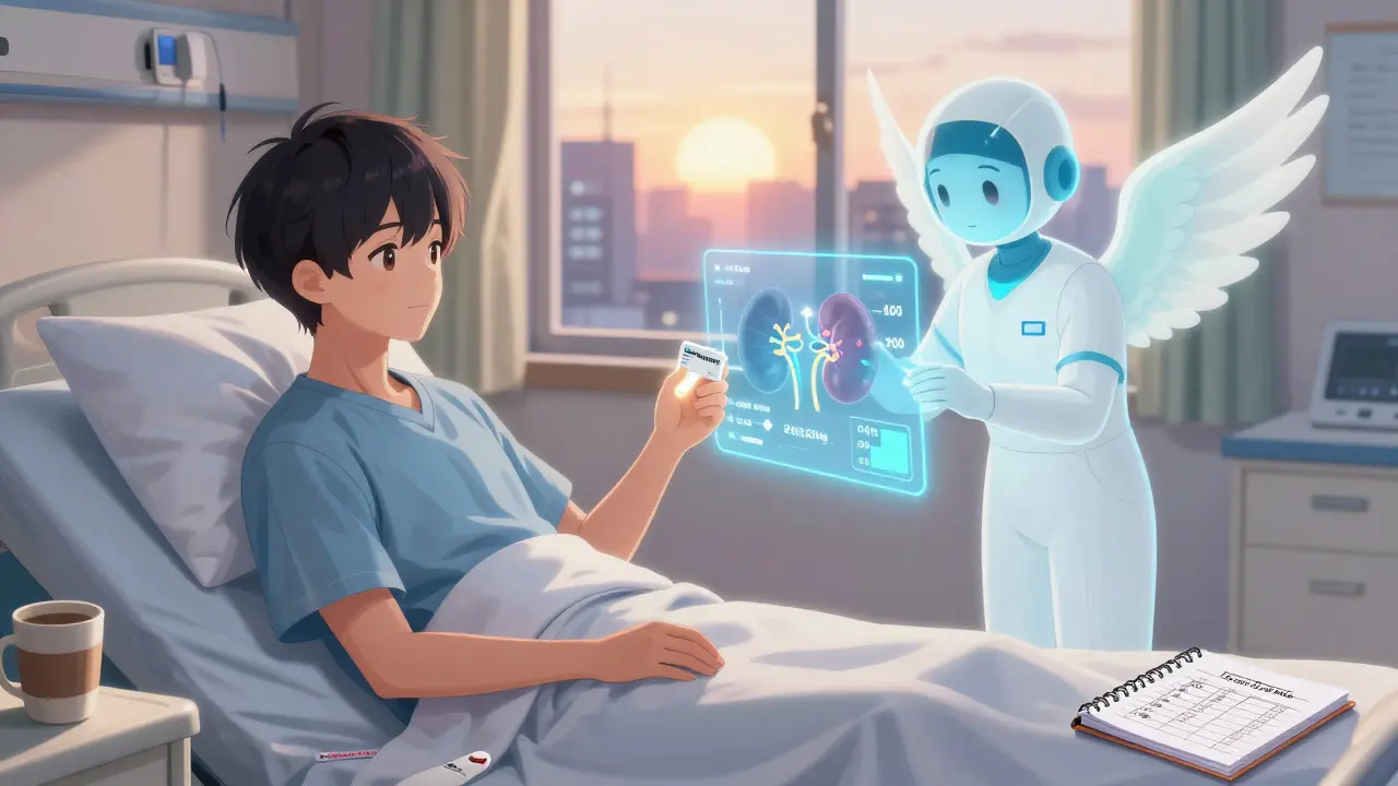 Patient souriant avec un assistant IA ailé projetant des données rénales en temps réel, symbole d'espoir et d'ajustement personnalisé.
