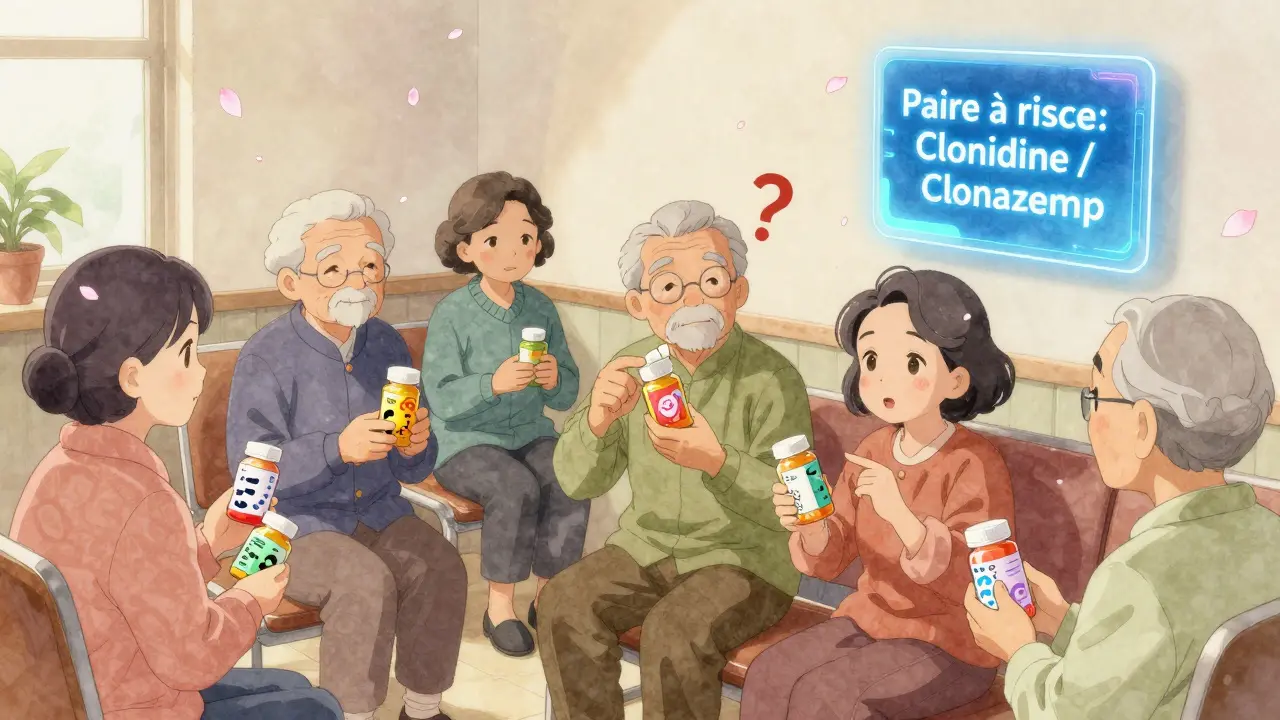 Patients âgés dans une salle d'attente, tenant des boîtes de médicaments aux emballages ressemblants, une interface AI affiche un avertissement.