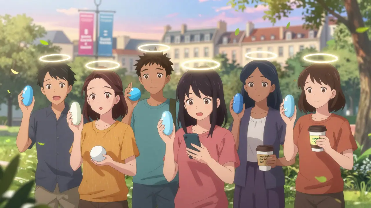 Patients dans un parc tenant des comprimés de formes et couleurs différentes.