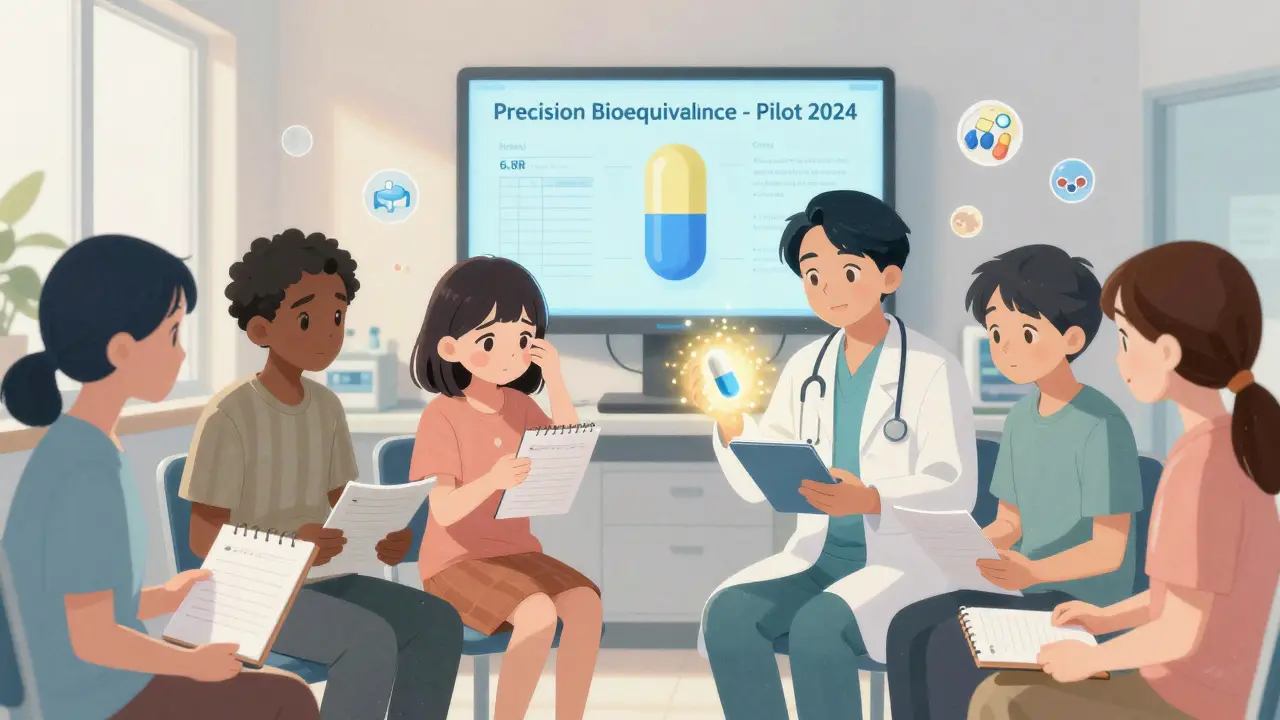 Patients dans une clinique spécialisée, tenant des carnets de suivi, un médecin tient une capsule personnalisée émettant une lumière dorée.